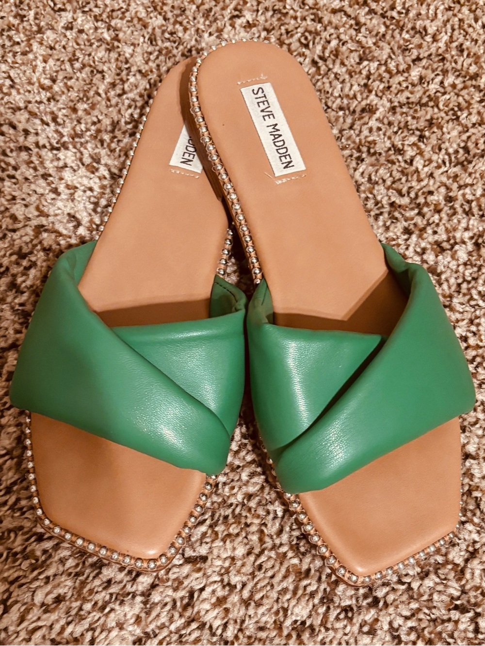Steve Madden Emerald Green Rayne Slides Rhinestone Trim US 10 Summer Casual Chic